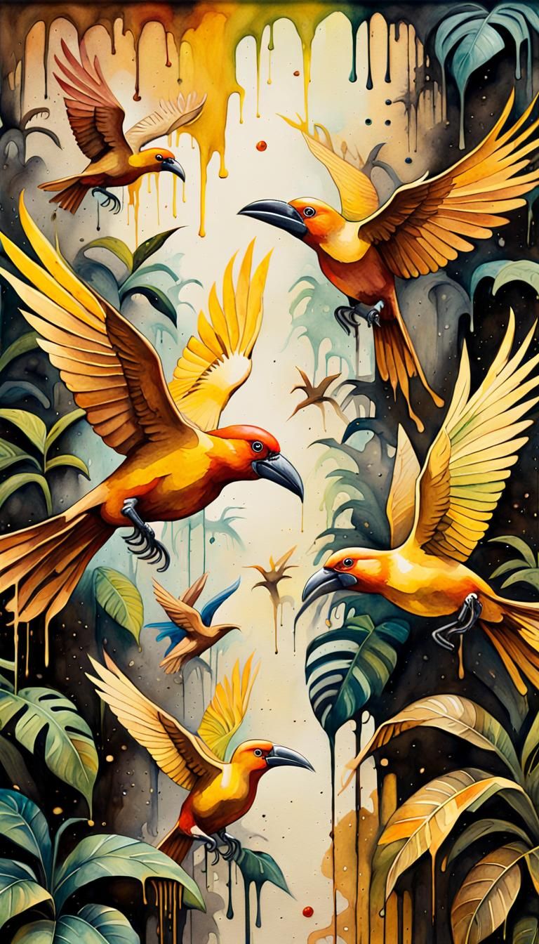 Jungle Birds in Art Deco Graffiti Style
