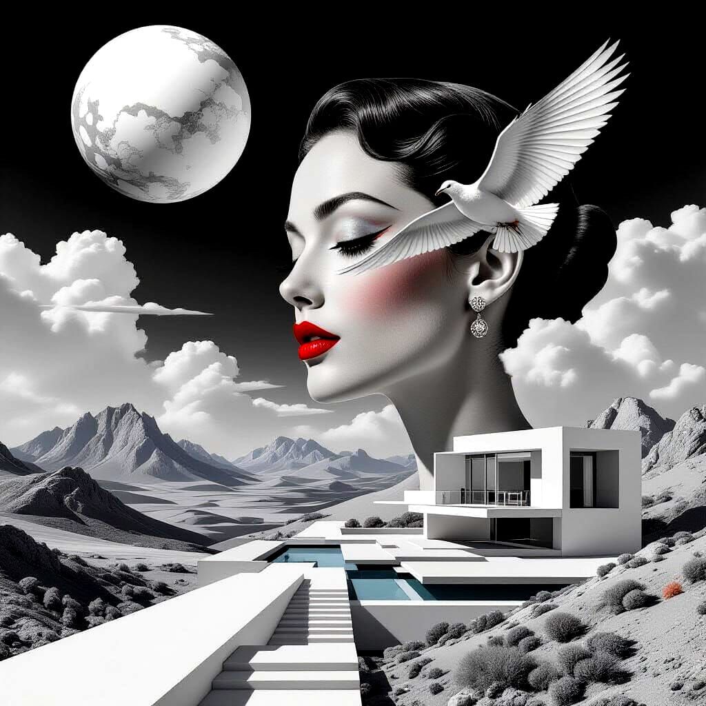 Surreal Abstract Landscape with Flying Woman in Art Deco Sty...