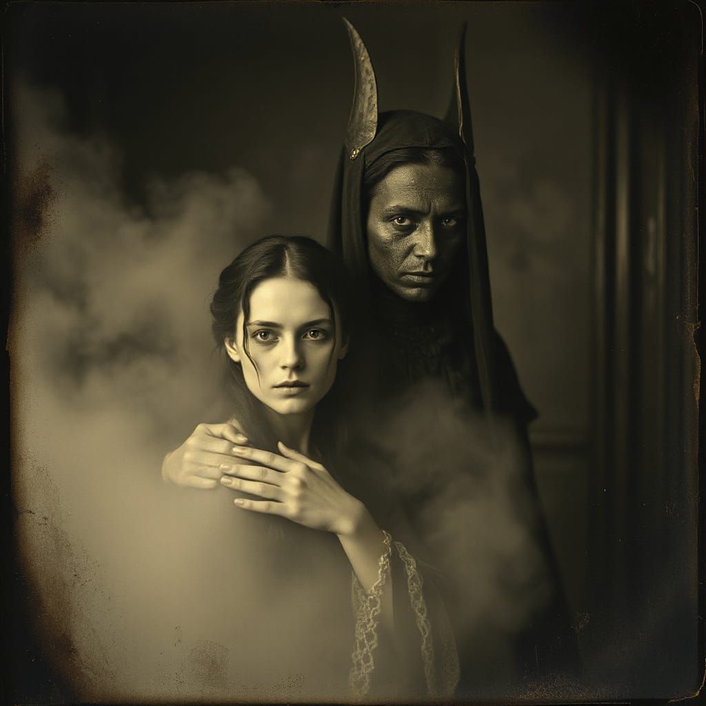 Eerie Embrace in Gritty Photogravure Style