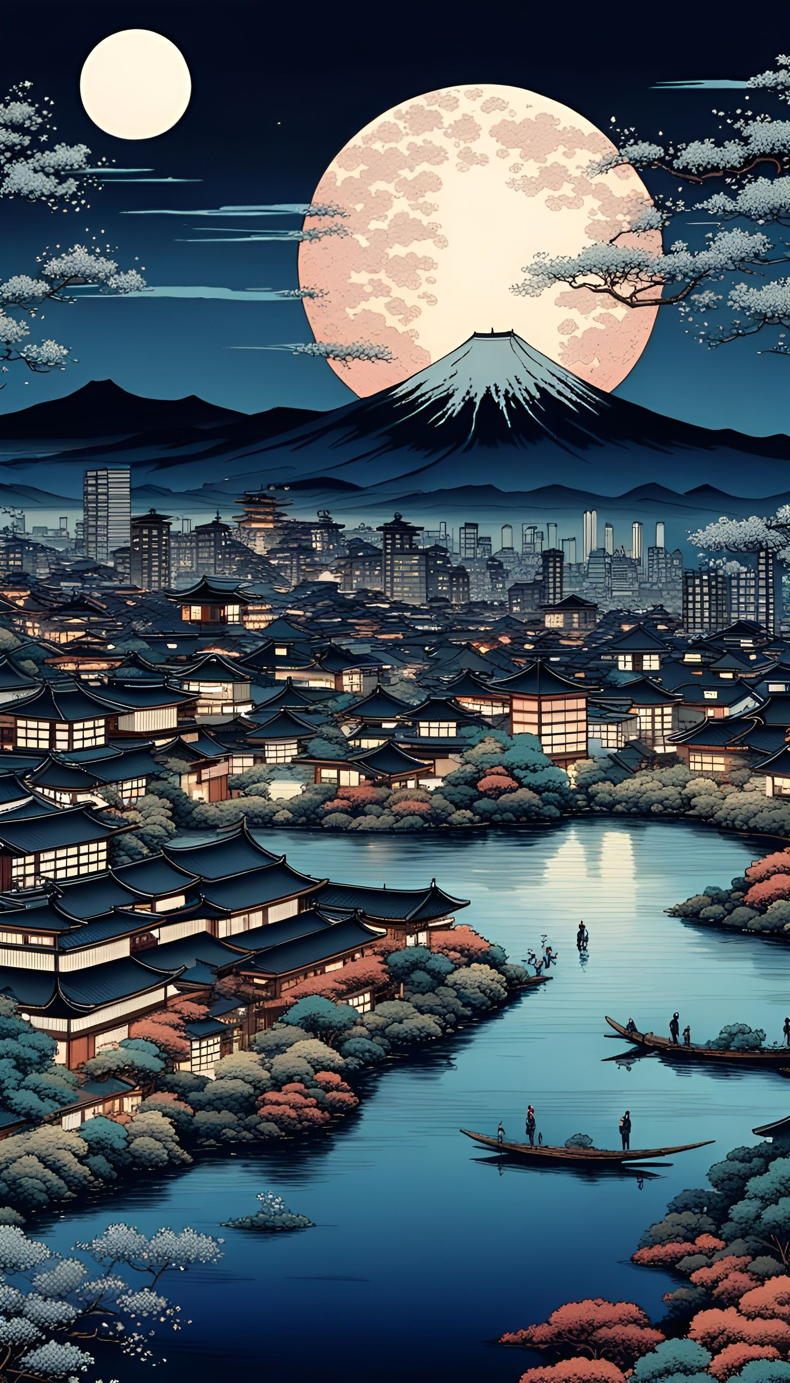 Night Cityscape in Ukiyo-e Style with Moon