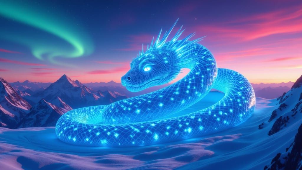 Giant Blue Snow Snake on Everest Summit at Dawn