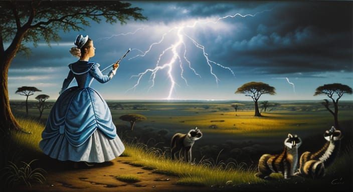 Surreal Oil Painting: Cinderella in Serengeti Storm