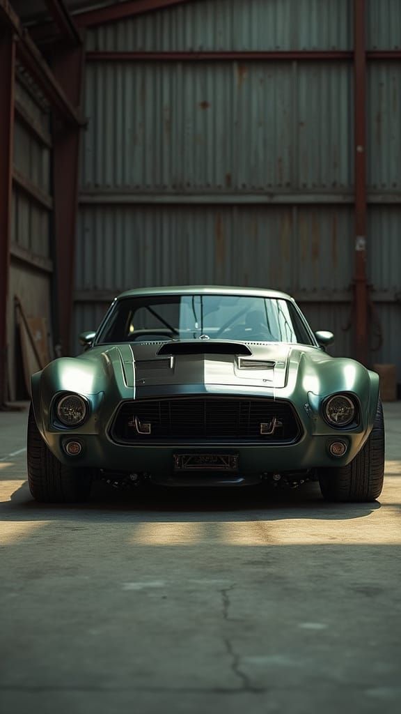 Aggressive Muscle Car in Dim Garage: Tilt Shift Masterpiece