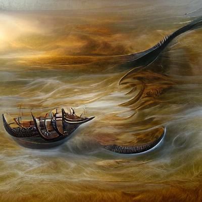 Viking Boat on Sea in Norse Art Style