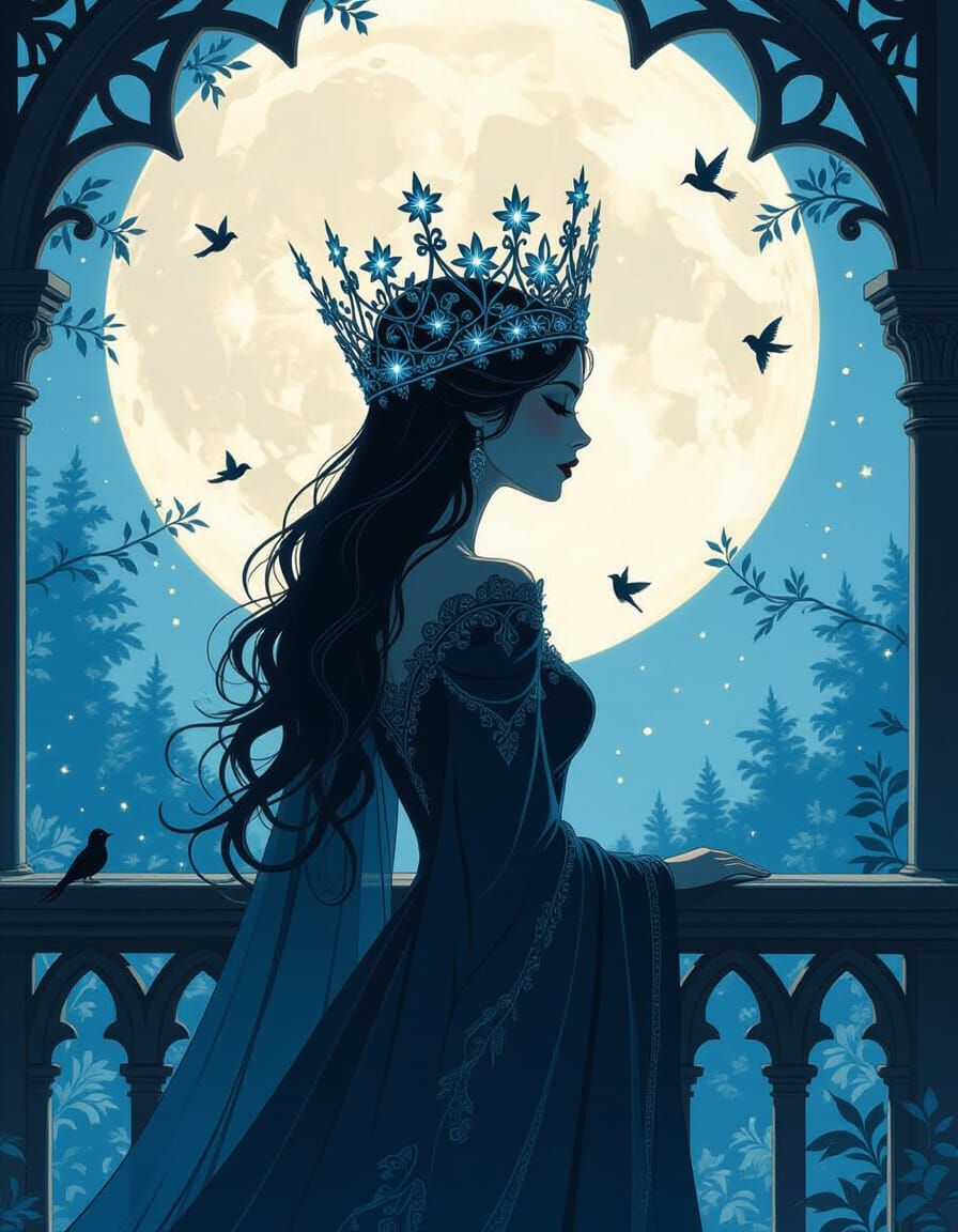 Regal Queen in Moonflower Crown Overlooking Enchanted Forest