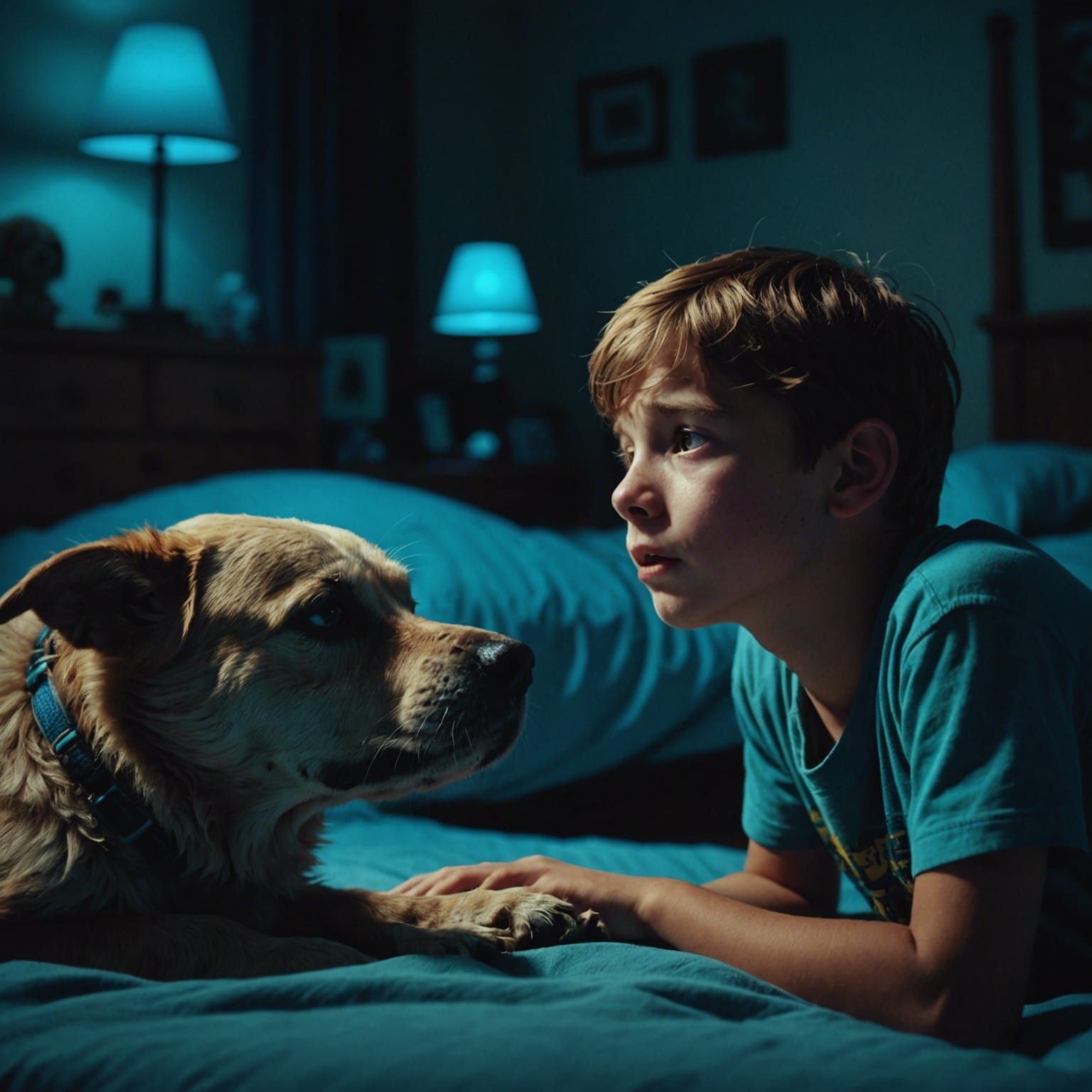 Boy Comforted by Glowing Souls of Pet Dogs
