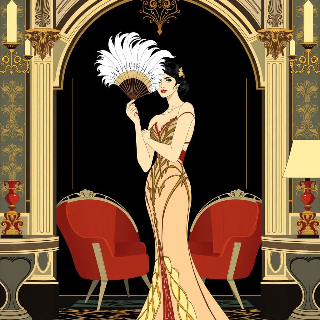 Art Deco Woman in Opulent Gown, Georges Barbier Style