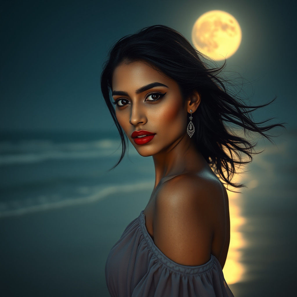 Crimson Lipstick: Woman on Moonlit Beach in Digital Art