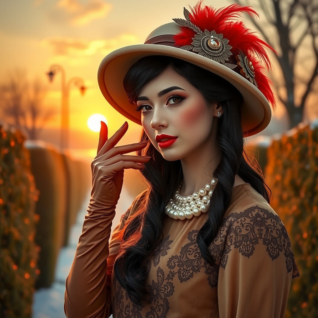 Elegant Woman in Winter Morning Dress, Art Nouveau Style