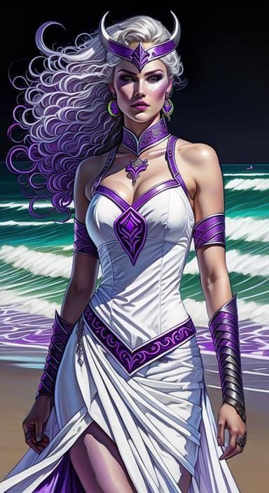 Viking-Visigoth-paintpunk-Woman in a white dress with neon-p...