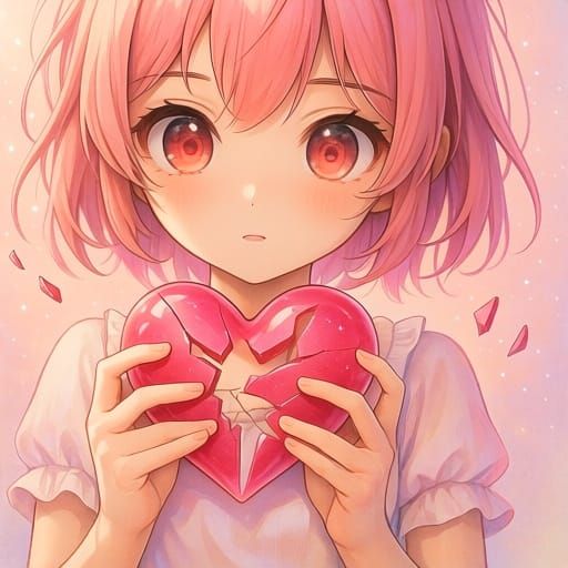 Anime Girl with Shattered Heart in Hyperreal Style
