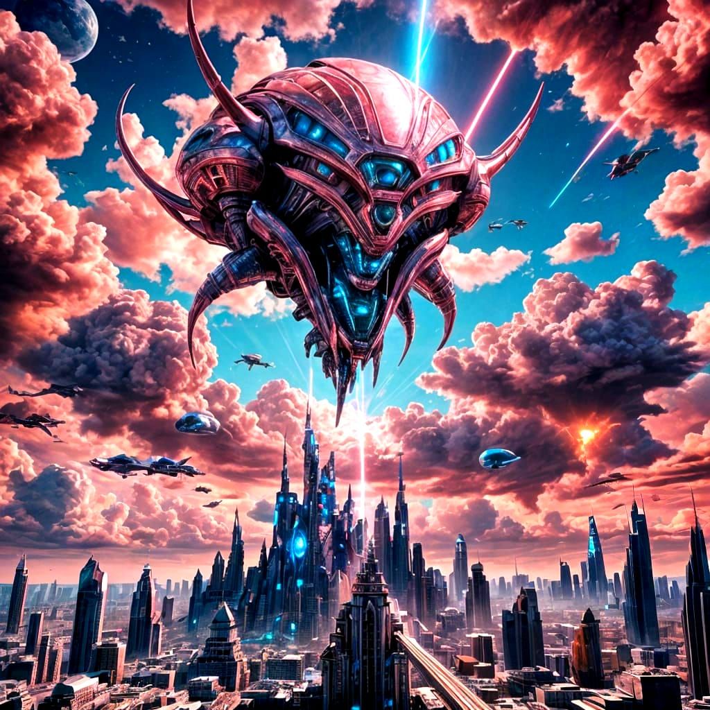 Alien Queen in Chrome City with Laser Sky