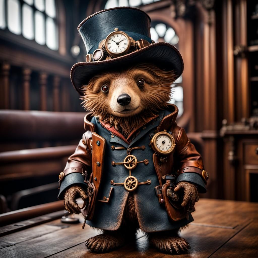Steampunk Paddington Bear in Hyperrealistic Detail