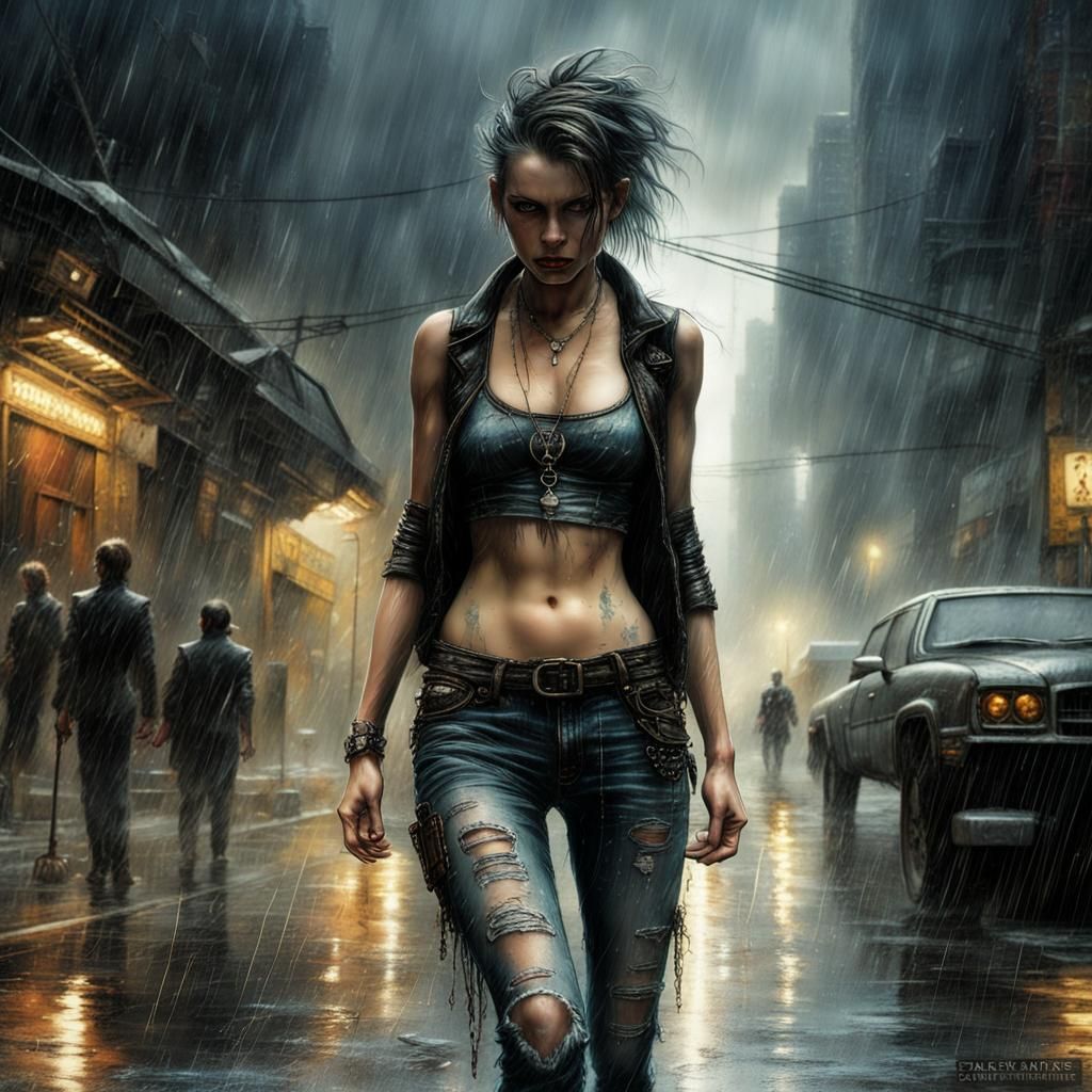Punk Woman in Stormy City, Digital Art