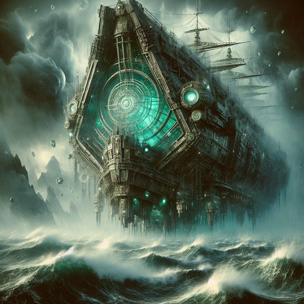 Ancient Crystal Vessel Amidst Dystopian Fog