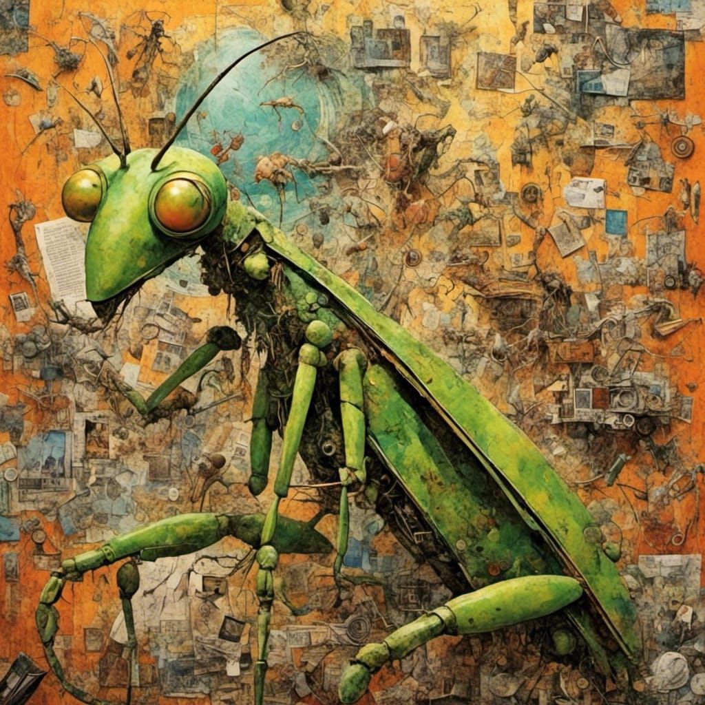 Cartoon Praying Mantis in Gonzo Style