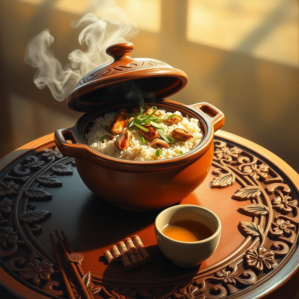 Cozy Claypot Chicken Rice Scene in Oil Painting Style