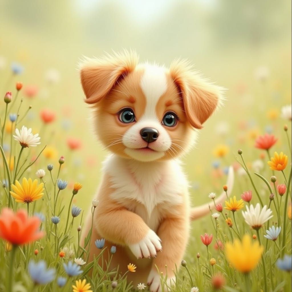 Puppy Joy in a Wildflower Field Illustration