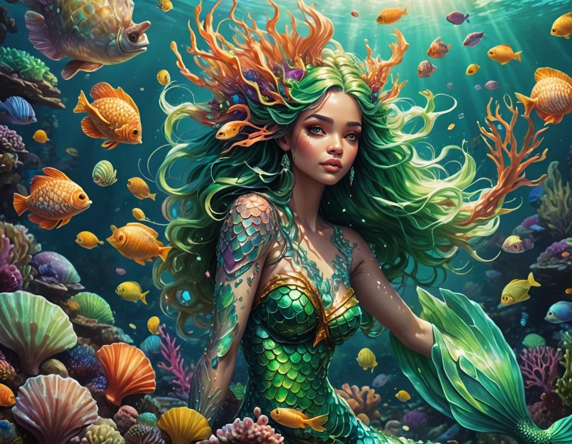 Glowing Mermaid Above Coral Reef: Hyperrealistic Digital Art
