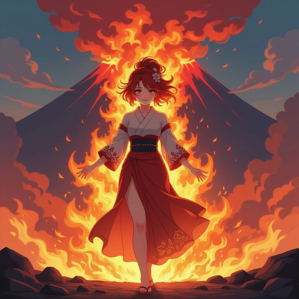 Smiling Fire Spirit Woman Emerges From Volcano