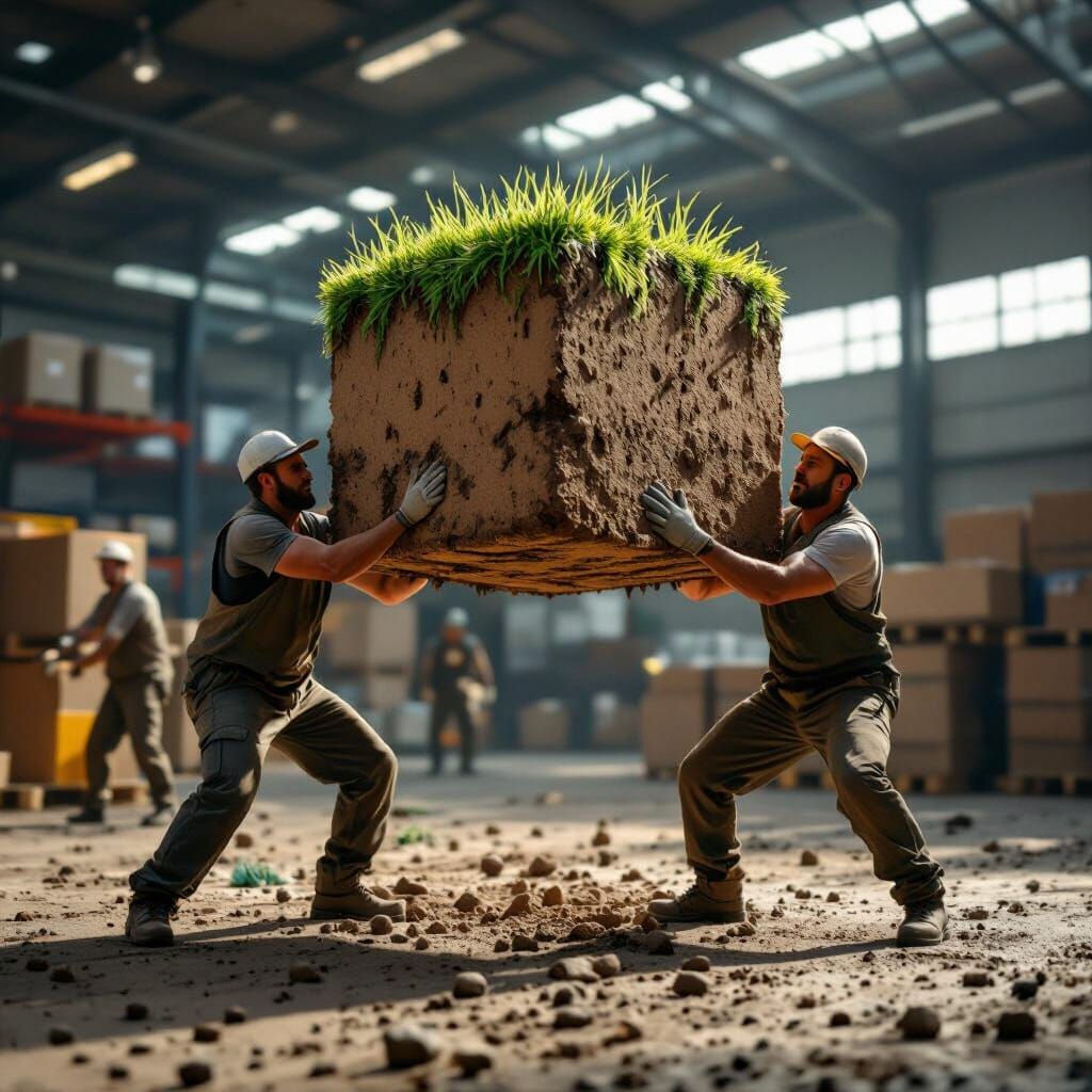 Warehouse Workers Strain Under Heavy Minecraft-Style Dirt Cu...