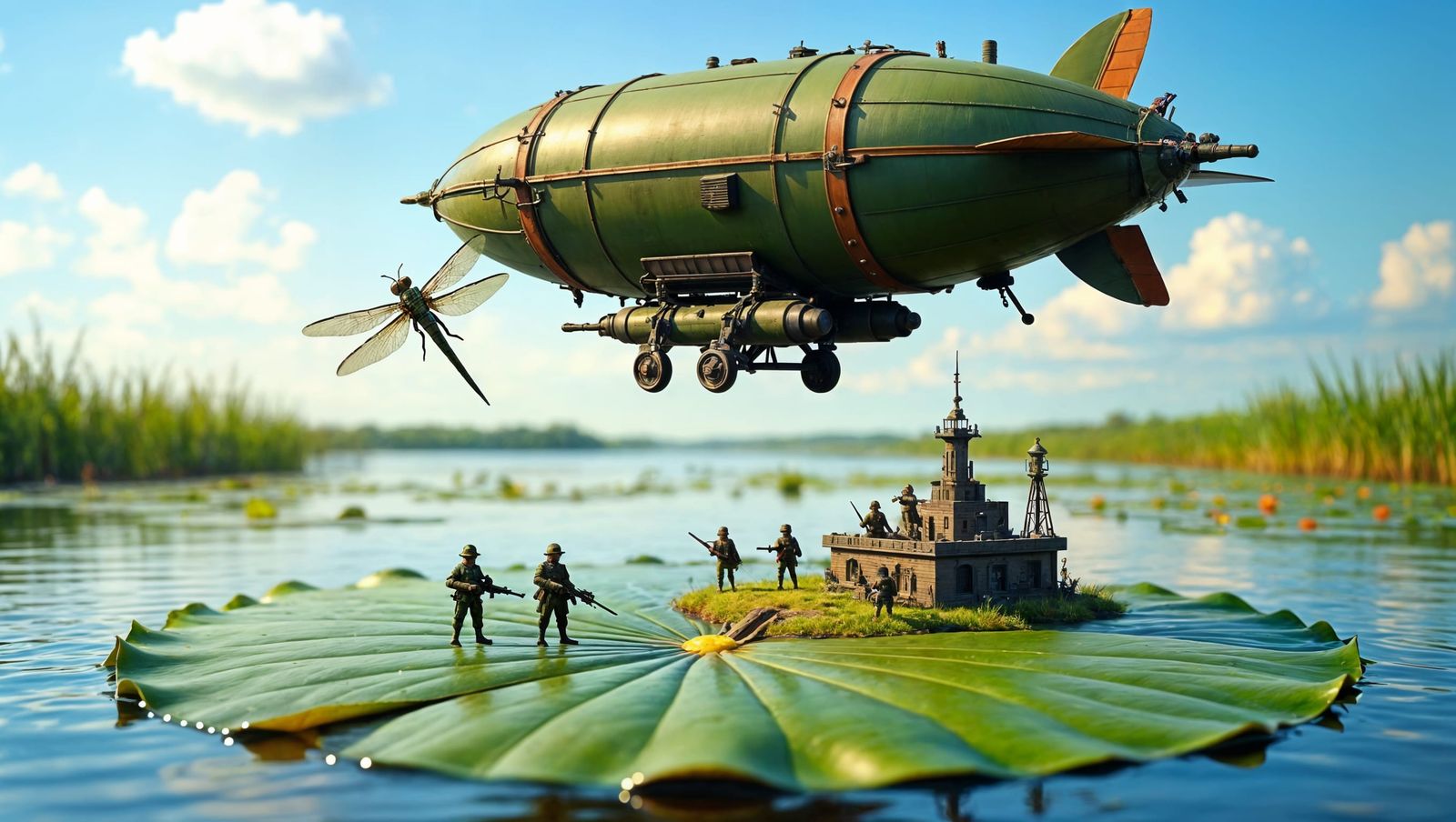 Steampunk Dragonfly Airship Battles on a Lily Pad