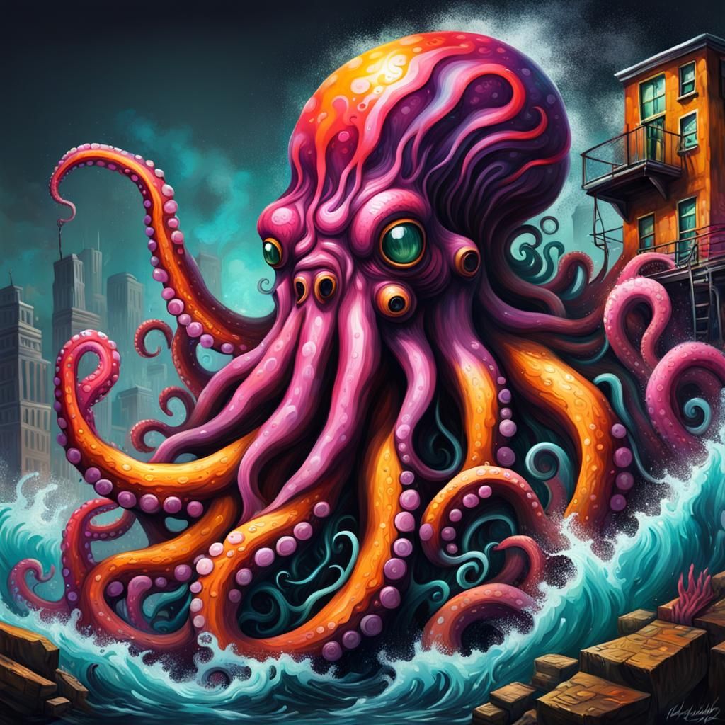 Giant Kraken in Graffiti Street Art Style