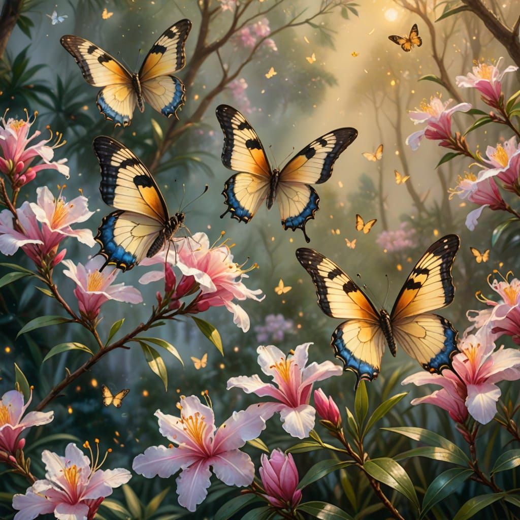 Butterflies on Oleander in Ethereal Kinkade Style