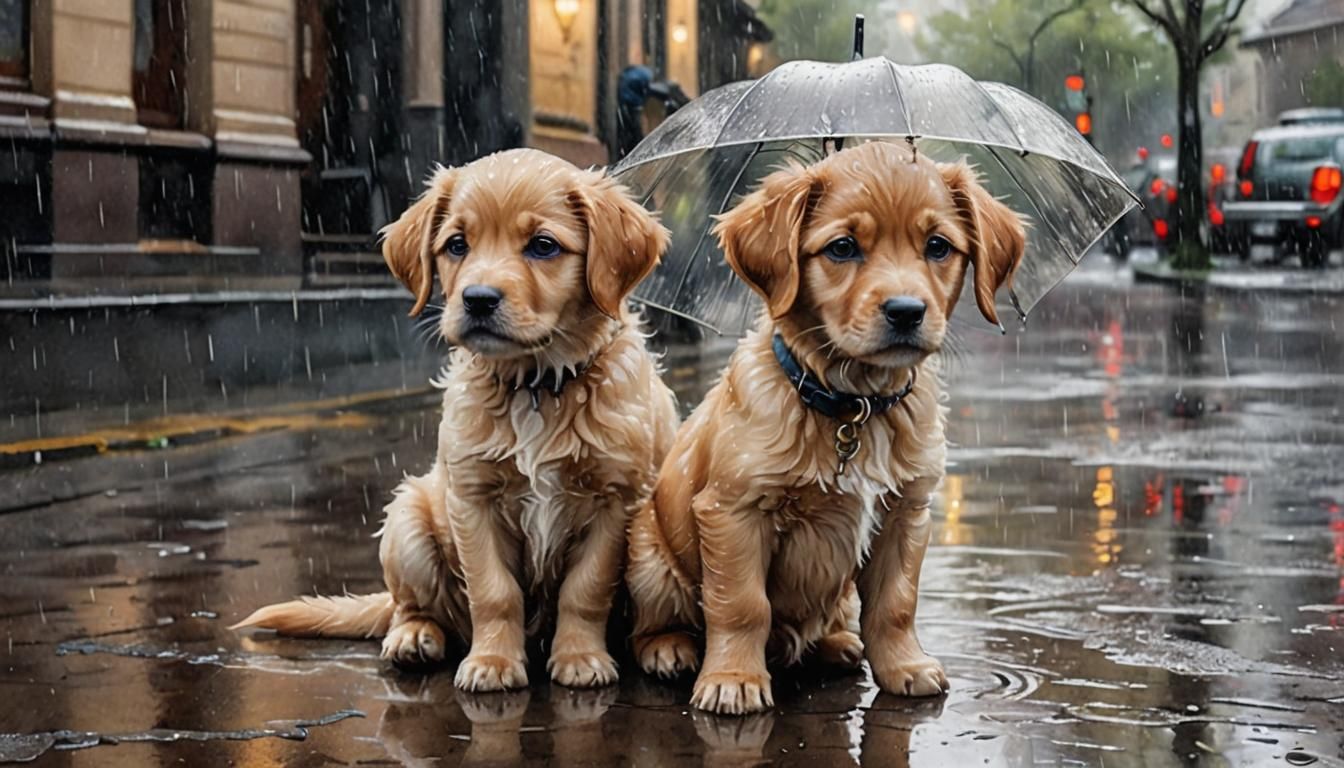 Puppy in Rain: Romantic Watercolor Art Deco Style