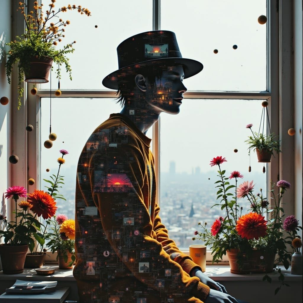Surreal Steampunk Top Hat on Windowsill, Glitchcore Double E...
