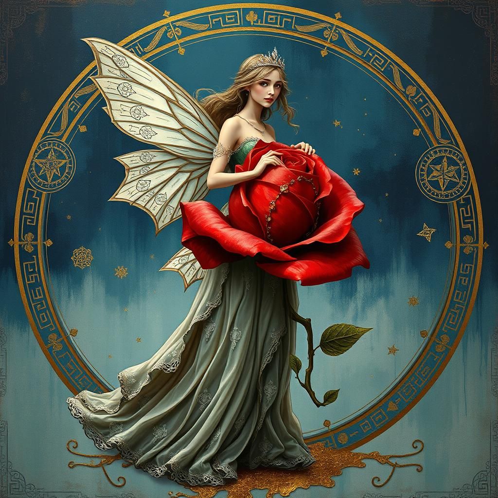 a delicate fairy a fractured abstract red rose, filigree pat...
