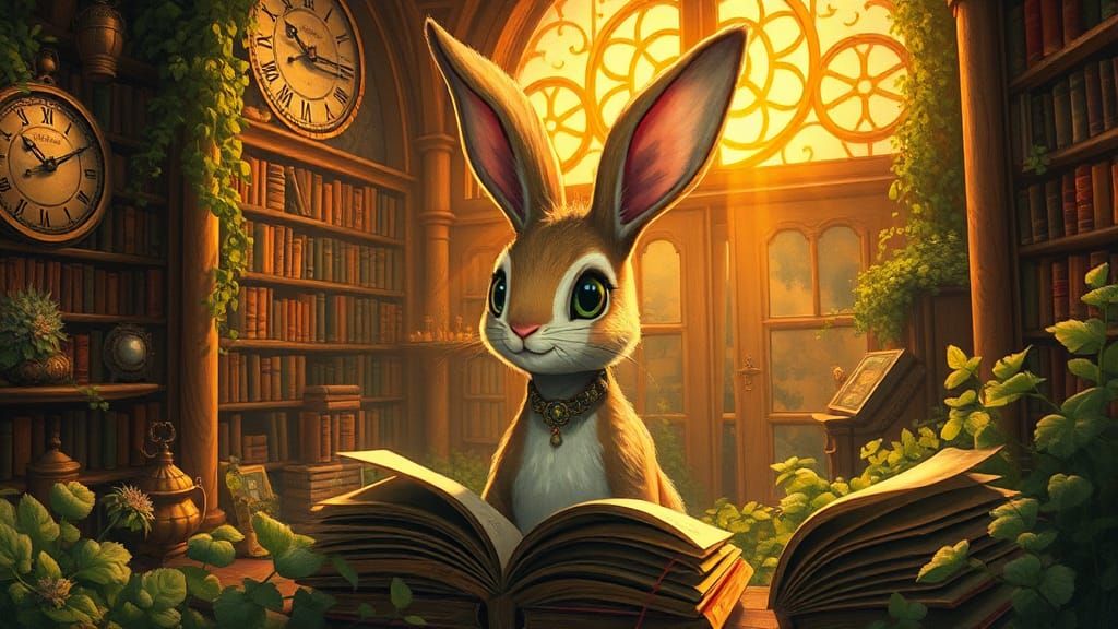 Steampunk Rabbit in Library, Gouache Style