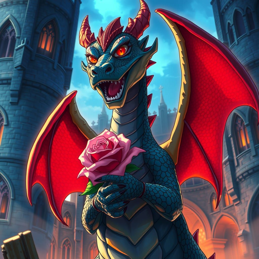 Dragon Cradling Rose in Gothic Castle: Anime Style
