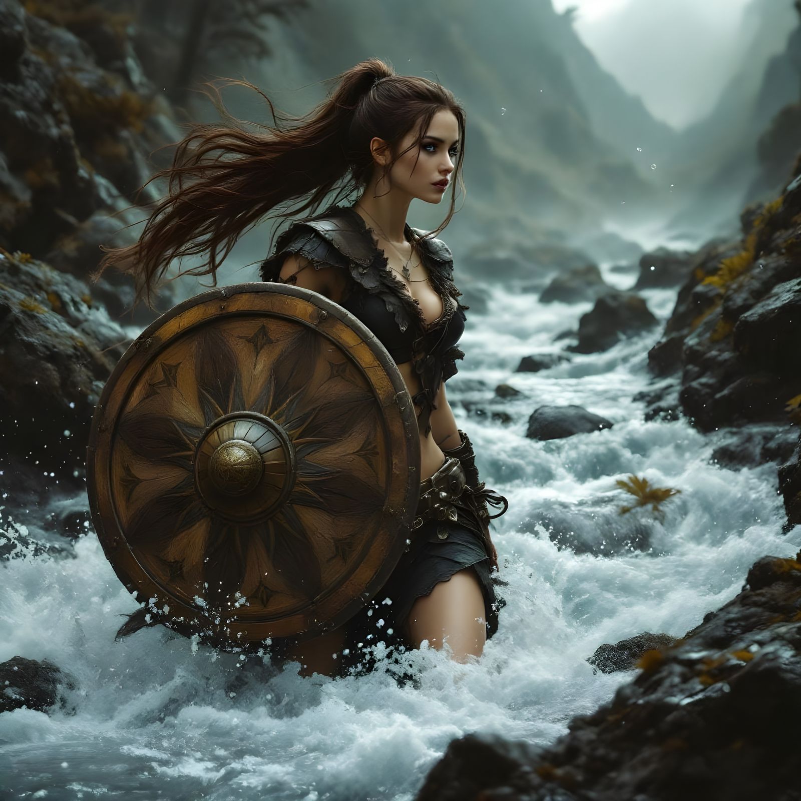 Norse Goddess Forging Stream in Ethereal Fantasy Style