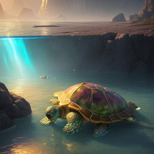 Rainbow Crystal Turtle Emerging from Iridescent Water