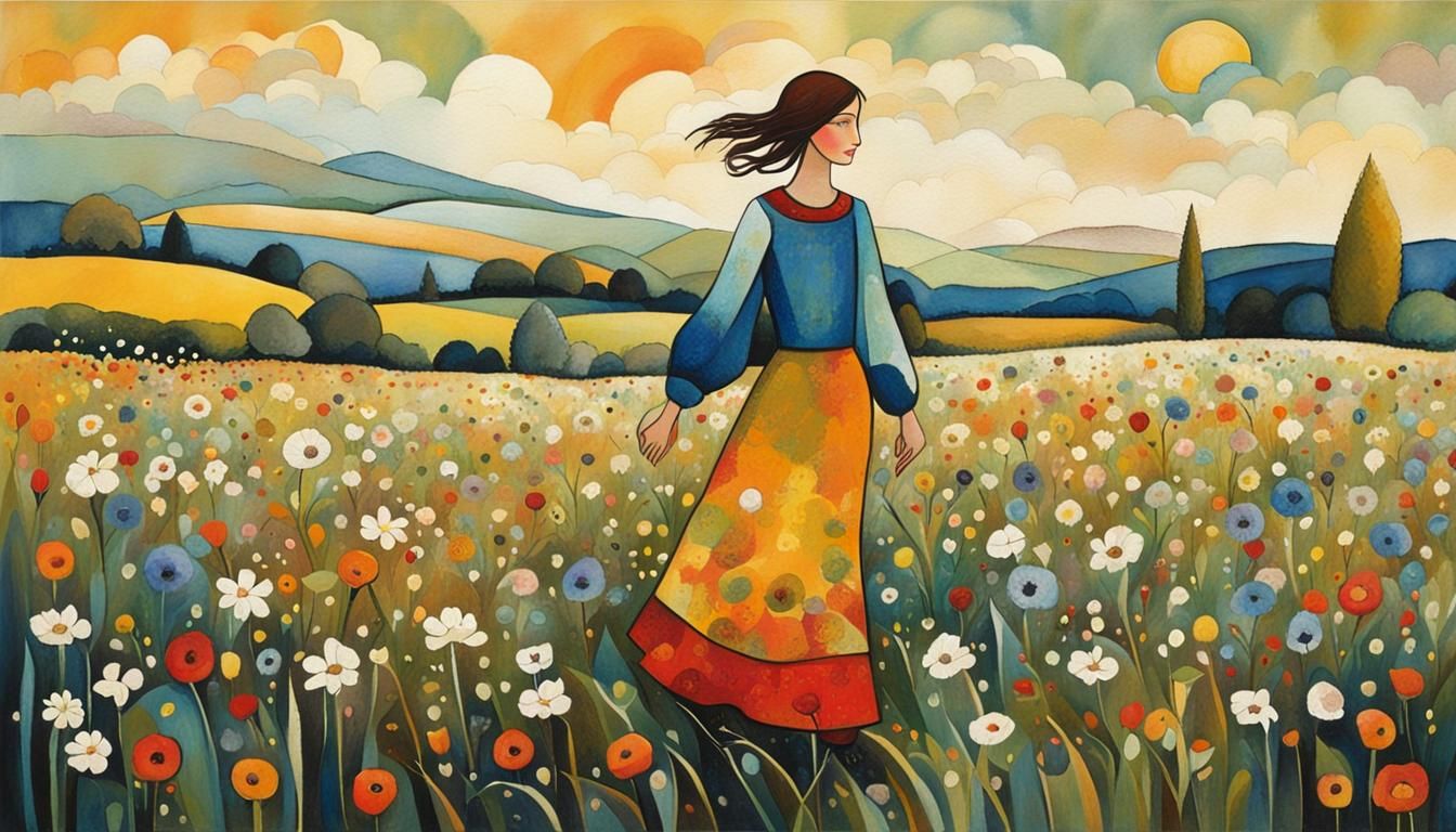 Woman in Flowered Field: Naive Art Style