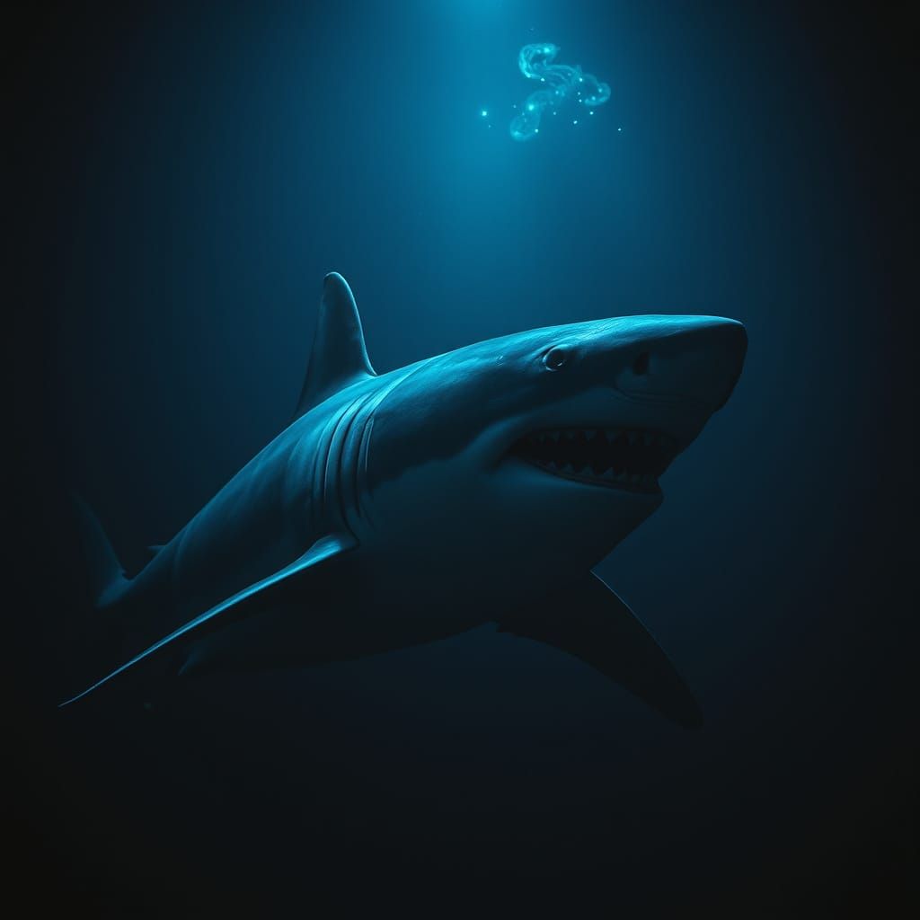 Colossal Shark Dominates Dark Ocean Depths in Cinematic Styl...