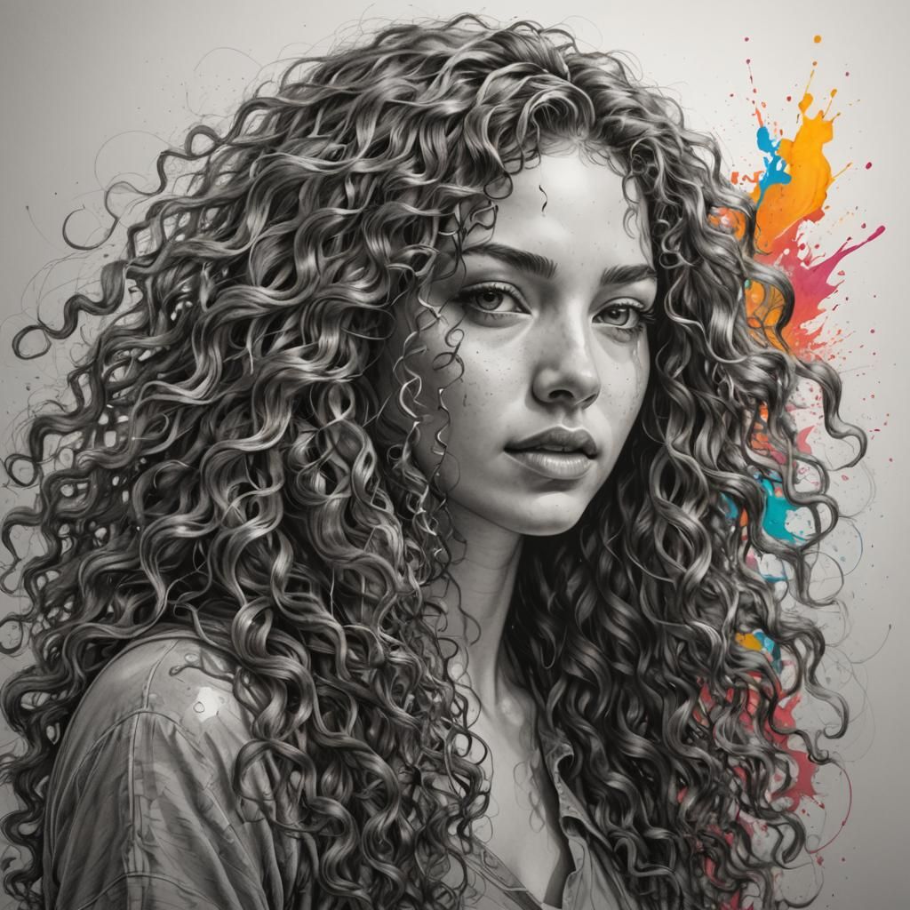 Detailed Graphite Sketch of Woman with Curly Hair