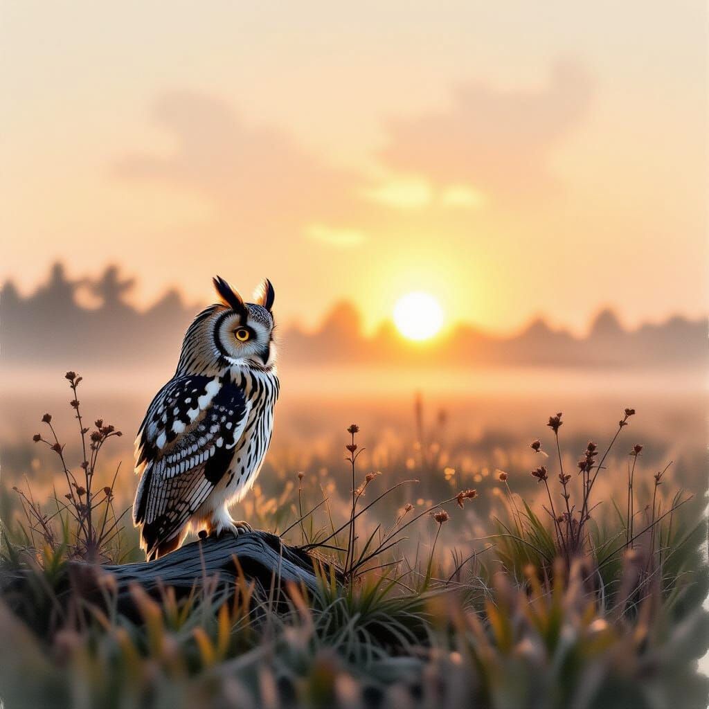 Owl's Cry at Sunrise Over Misty Heath, Inksplash Art
