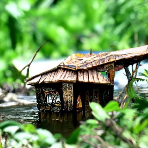 Hyperrealistic Cabin on Jungle Riverbank
