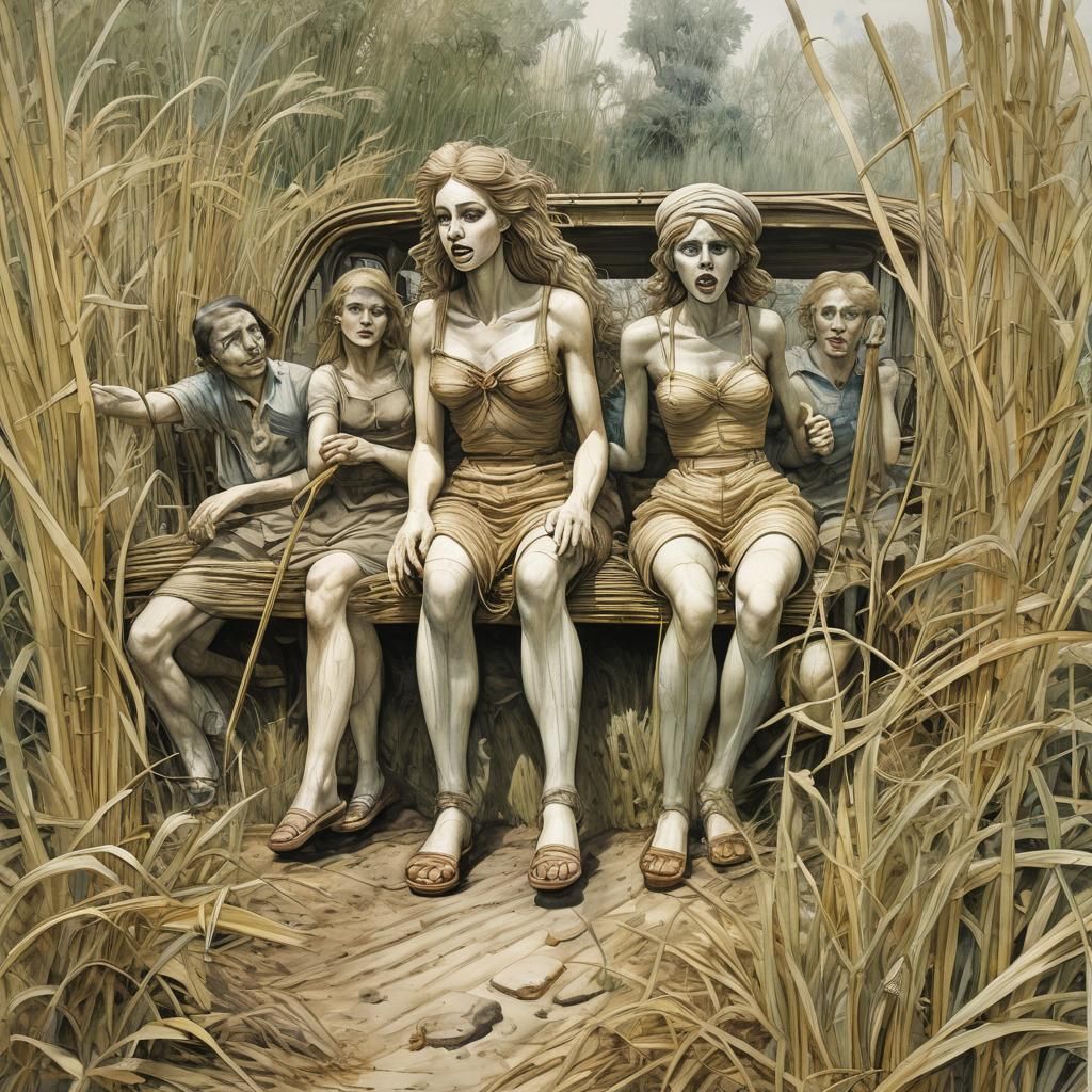 Reed Woman Boards Bus, Aquarelle in Crumb Style