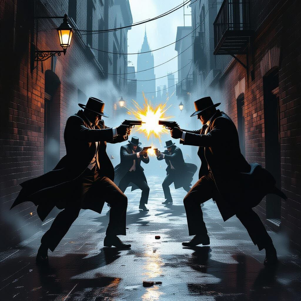 Mafia Gunfight in Noir Style Alleyway