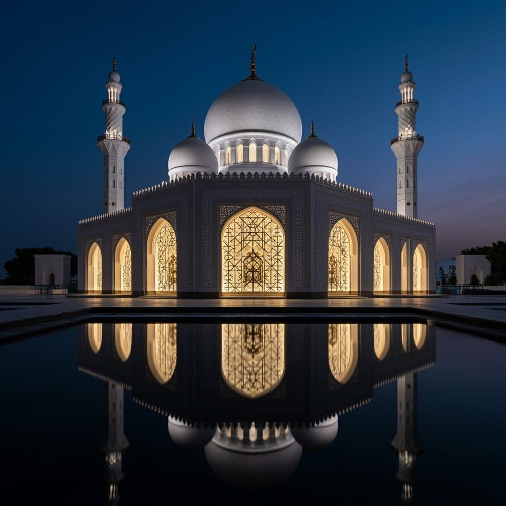 Serene Mosque with Geometric Patterns Reflected in Water