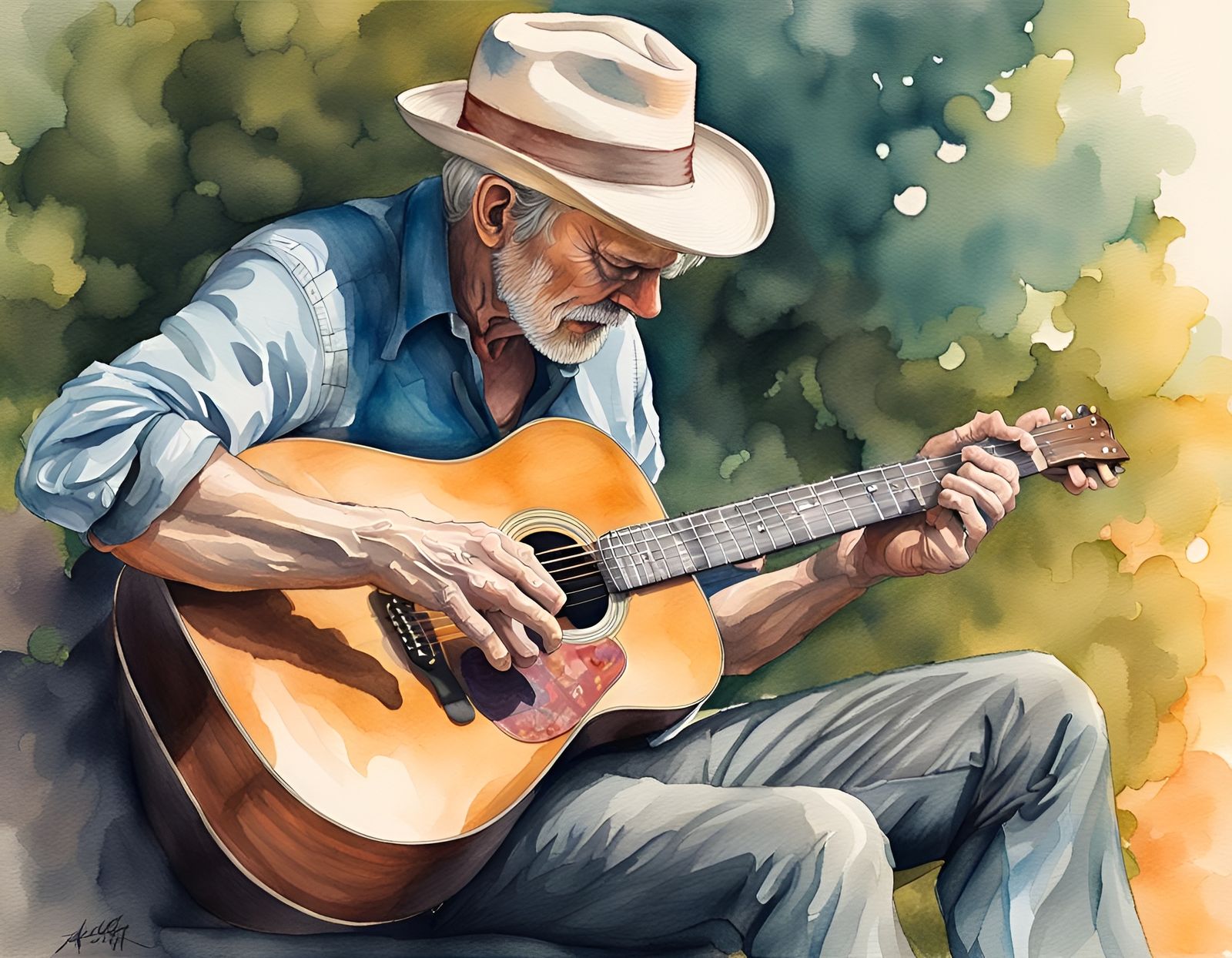 Old Guitarist in Watercolor with Chromatic Aberration