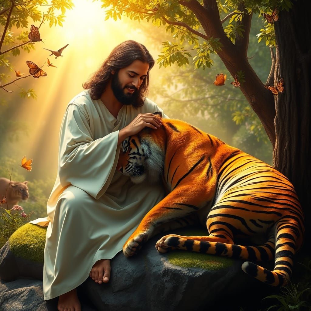 Jesus Christ and Bengal Tiger in Garden of Eden