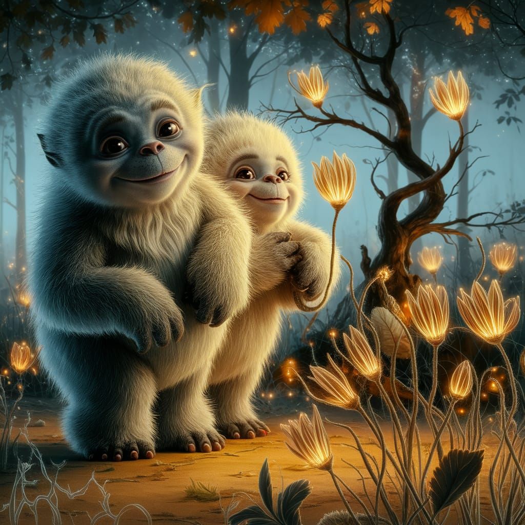 Whimsical Yeti Encounter in a Dreamlike Forest