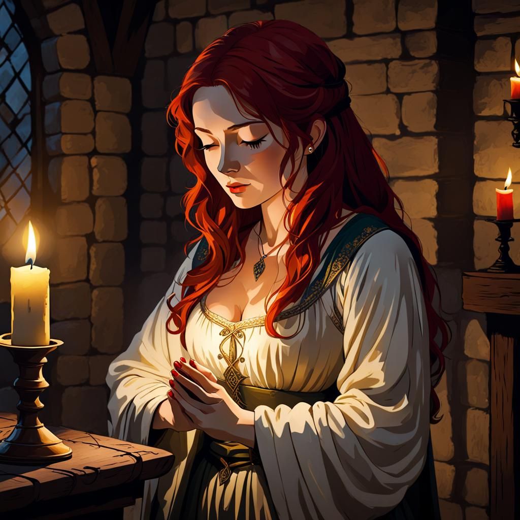 Medieval Peasant Woman Praying by Candlelight