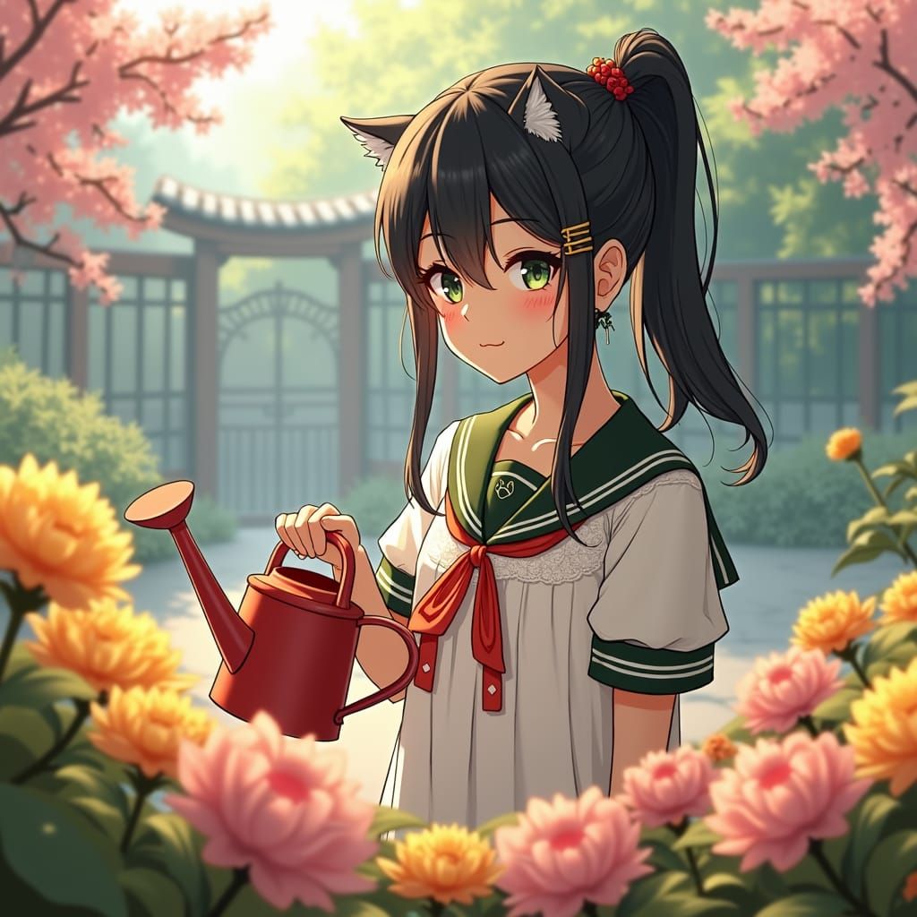 Anime Wolf Girl Waters Flowers in School Courtyard