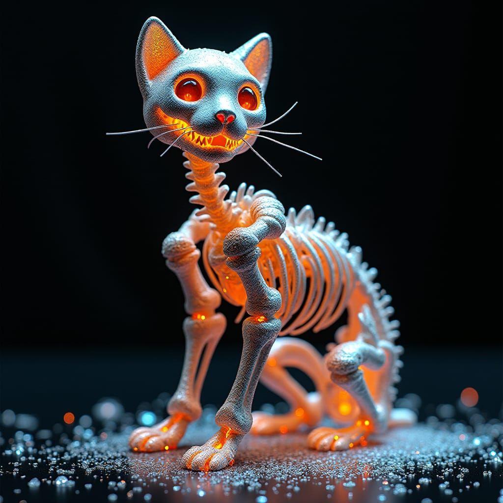 Chrome Cat Skeleton with Shattered Glass