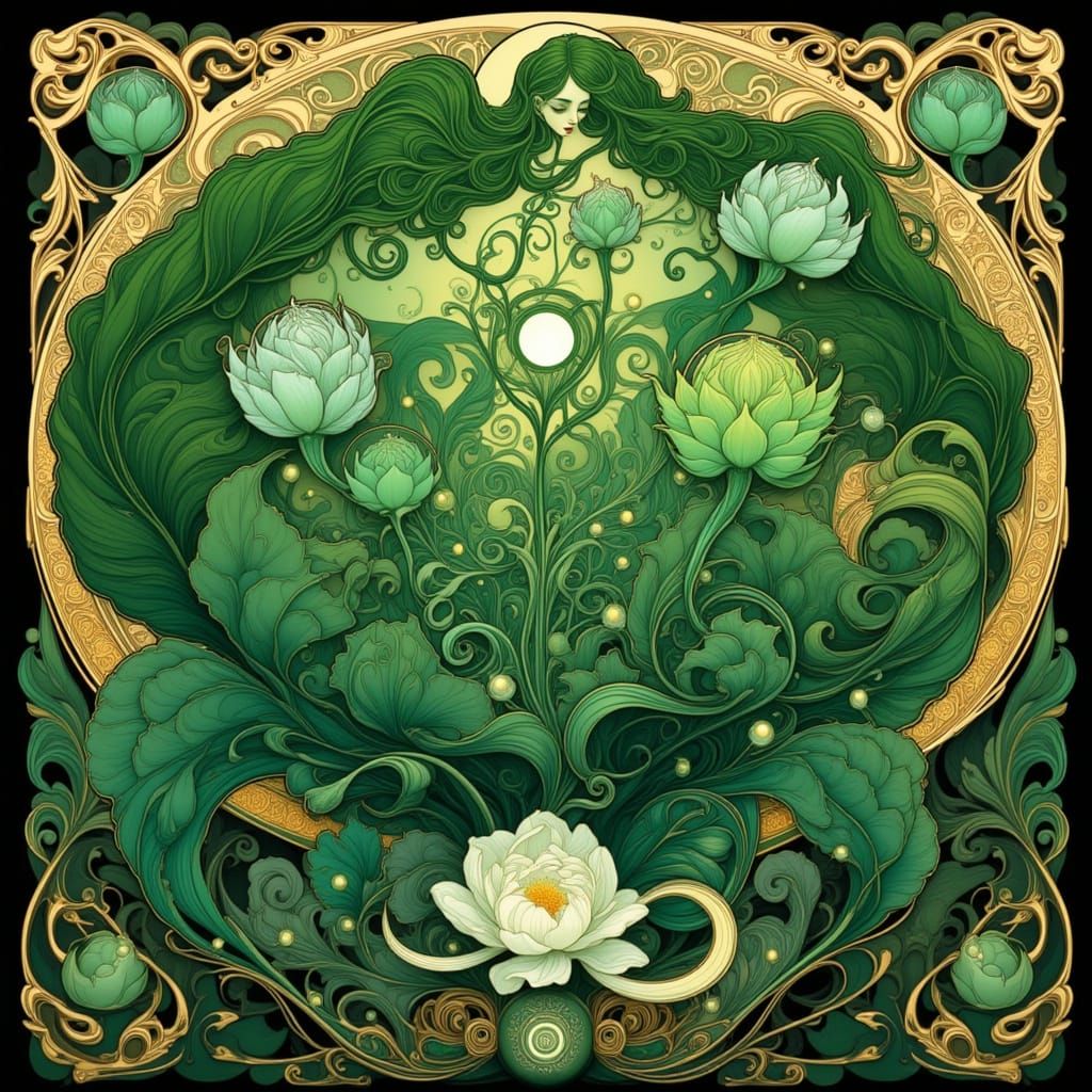 Art Nouveau Botanical Illustration in Lush Greens